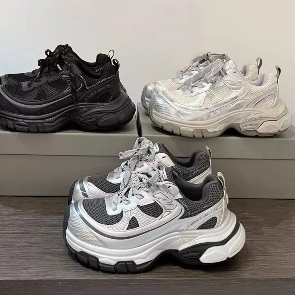 

Vintage Faded Thick Bottom Sports Shoes Women's Mesh Upper Real Leather Retro Dad Shoes Fashionable Casual Shoes for Girls