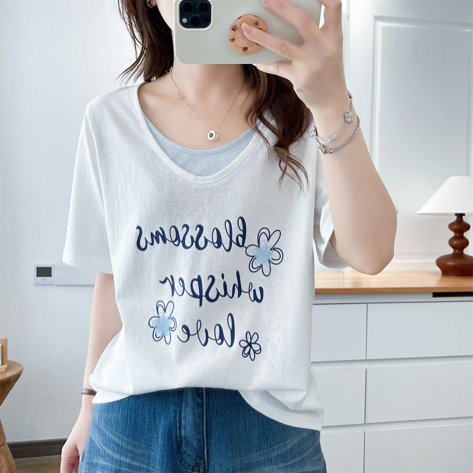 

2026 Summer Plus Size Fake Two Piece T-Shirt Color Block Printed O-Neck Short Sleeve Fashion Pullover Tops For Curvy Ladies 8889