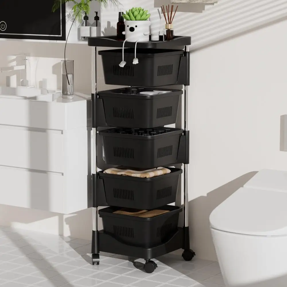 

Kitchen Trolley 5 Layers Rotating Fruit Basket Storage Shelves Plastic Hollow Mesh Floor Vegetable Stand Rack With Casters
