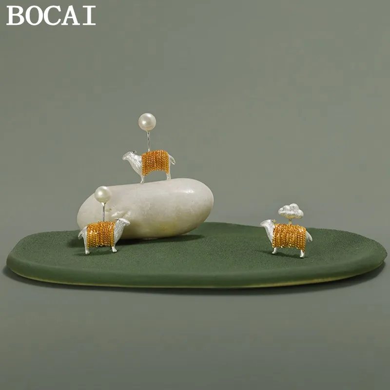 BOCAI NEW S925 Sterling Silver Cute And Playful Set With Pearls Sheep Earrings Women's Gift