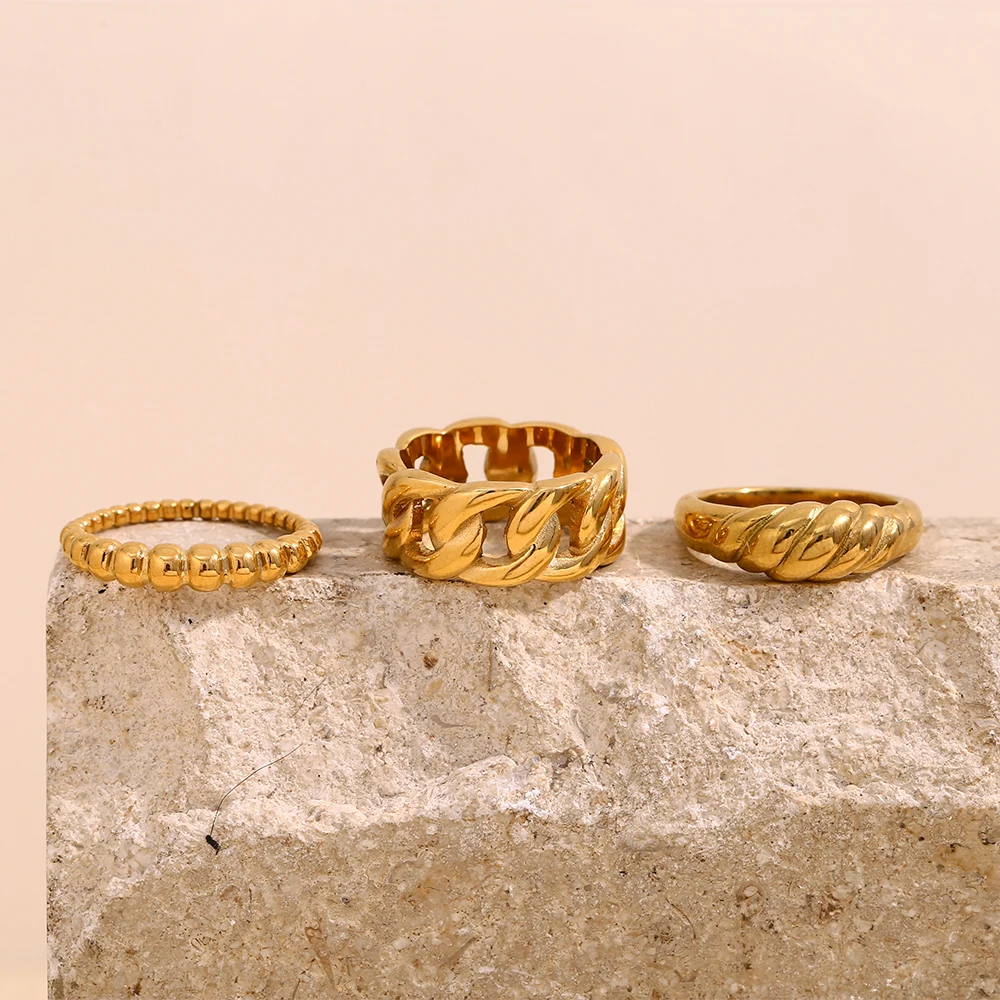 E.B.belle Simple Twisted Beads Chain Ring Tarnish Free18K Gold Plated Stainless Steel Minimalist Style Stackable Women Jewelry