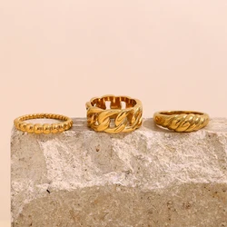 E.B.belle Simple Twisted Beads Chain Ring Tarnish Free18K Gold Plated Stainless Steel Minimalist Style Stackable Women Jewelry