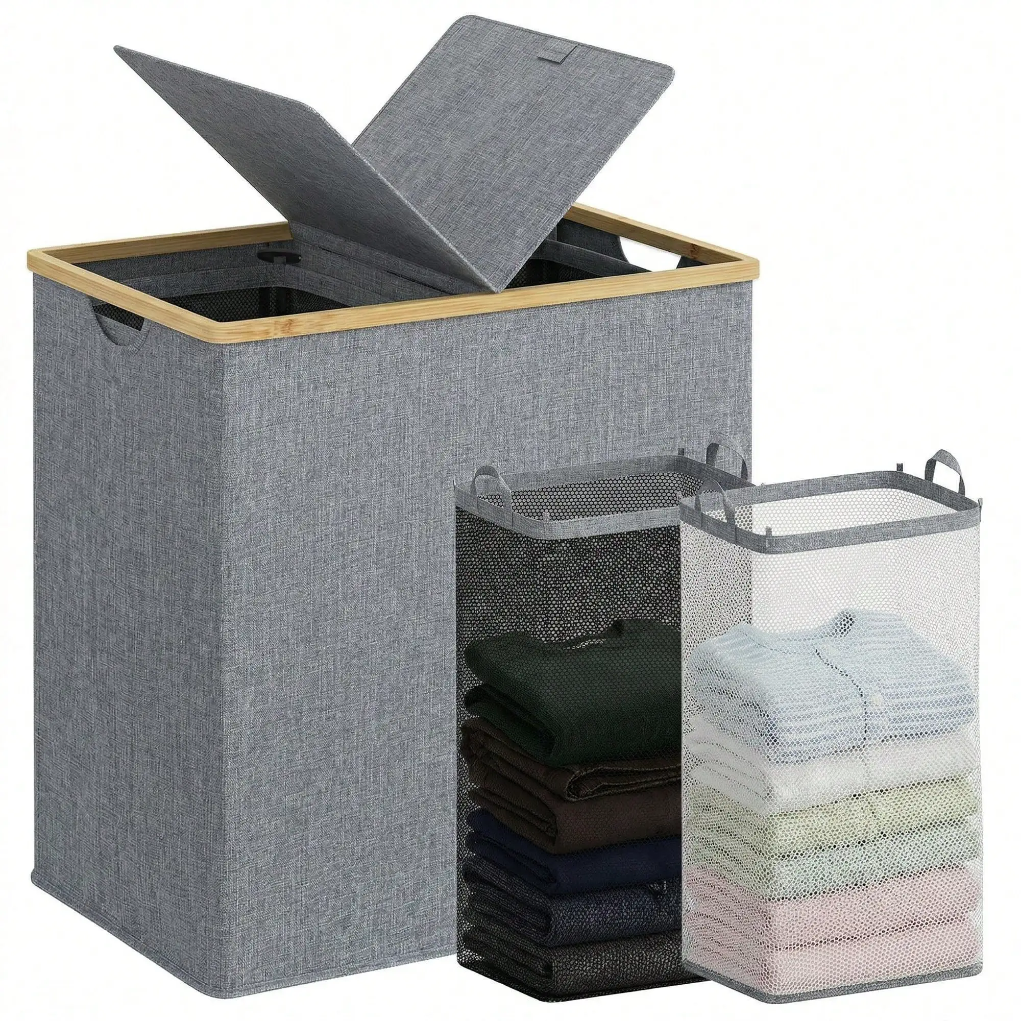 160L Double Laundry Basket With Removable Lid And Laundry Bags, Large Collapsible Laundry Hamper With 2 Sections, In Laundry Room, College Dorm, Bathroom, Bedroom (Dark Grey)