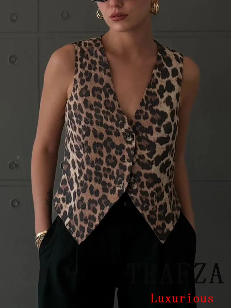 TRAFZA Vintage Casual Sexy Chic donna top Leopard scollo a v monopetto senza maniche gilet corto New Fashion 2024 Summer Tops