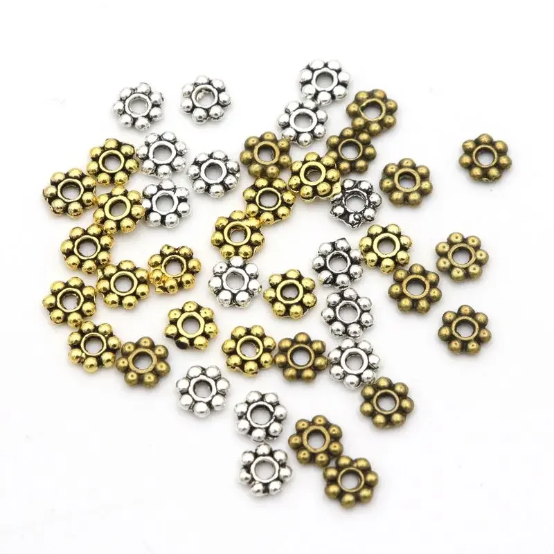 1000pcs 4mm Tibetan Gold Silver Color Daisy Wheel Flower Charm Loose Spacer Metal Bead For Jewelry Making Needlework Accessories