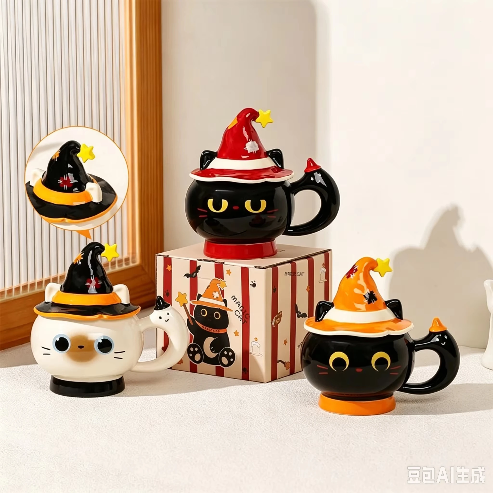 14x7cm Ceramic Cat Mug With Lid Witch Hat Coffee Cup Cute Halloween Tea Milk Cup Water Mug Birthday Gift For Girls Couple
