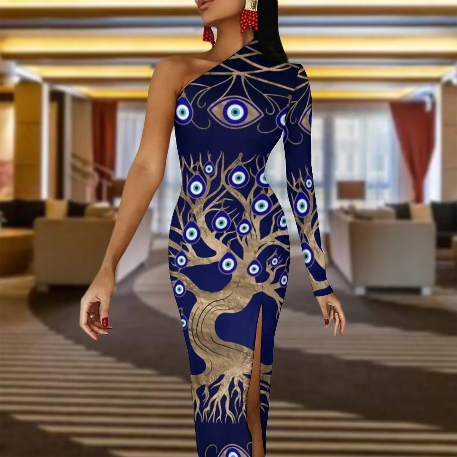 Evil Eye Long Dress Womens Greek Amulet Street Wear Maxi Dress Autumn Club Bodycon Dresses Side Split Print Vestido