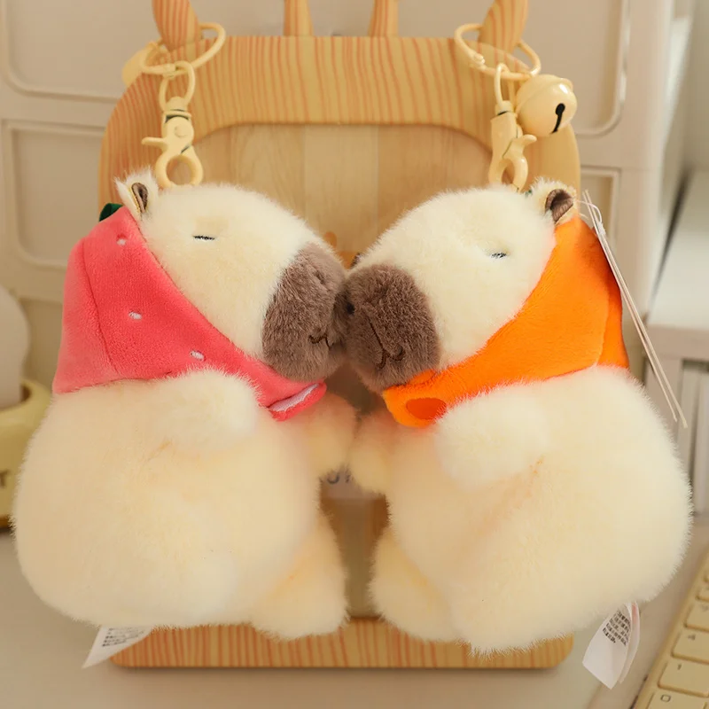 

Cute Capybara Plush Keychain Soft Stuffed Capybara Pendant with Strawberry Hat & Bell Perfect Birthday Gift for Kids Bag Decor