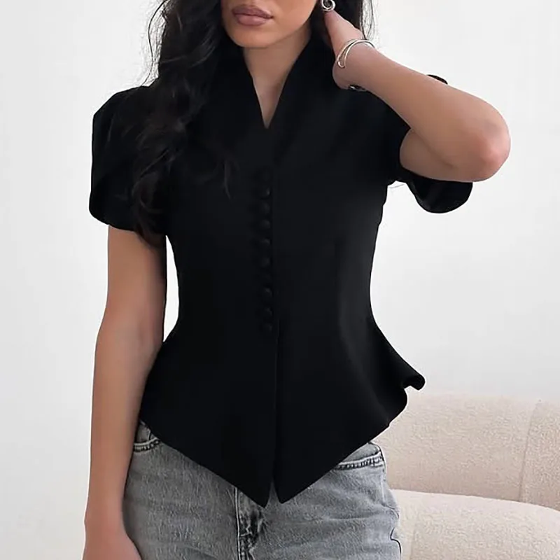 

Fashion Stand Collar Solid Color Slim Tops Elegant Short Sleeve Women's Commute Jacket Summer New Single Breasted Casual Shirts