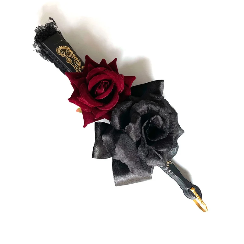 Gothic Lolita Retro พัดลมมือ Vintage Lolita Victorian Baroque Red Rose แฟน Halloween Party Props