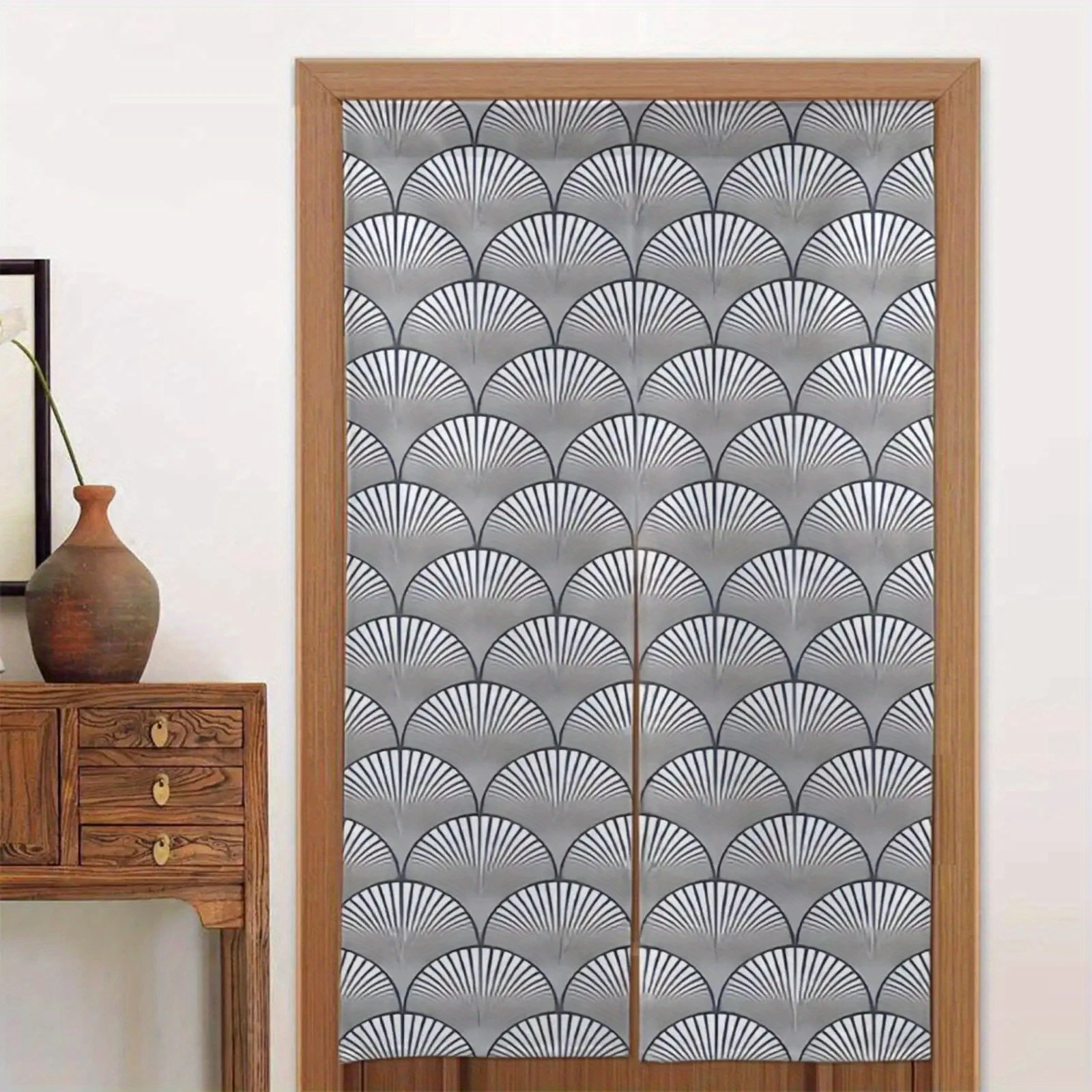 VIKAMA Geometric Wave Partition Curtain, Gray Fan-Shaped Stripe Print Half Curtain, Bathroom and Kitchen Home Decor