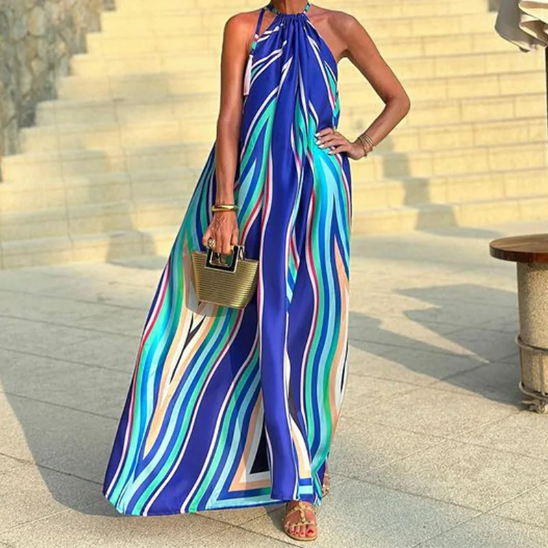 

Long Dress Women Dresses Beach Vestidos Y2k Streetwear Halter Sleeveless Elegant Beach Print Party Night Work Summer 2025