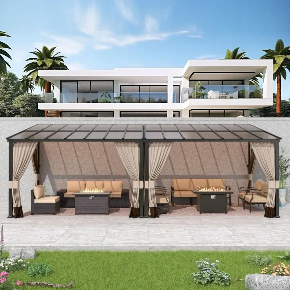 10FTx24FT outdoor wall mounted hardtop pergola with sloping sun panel roof and double curtains, suitable for terraces