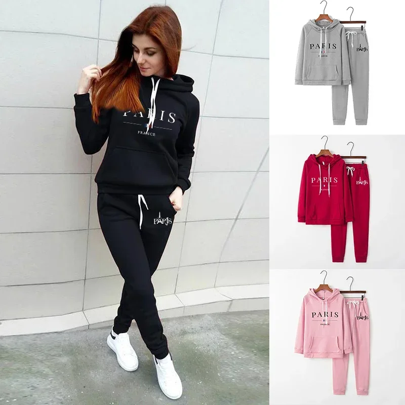 Women Paris Printed Sports Hoodie 2024 Spring Autumn Paris Style Design Suit Long Sleeve Tops + Comfortable Pants Women Clothing