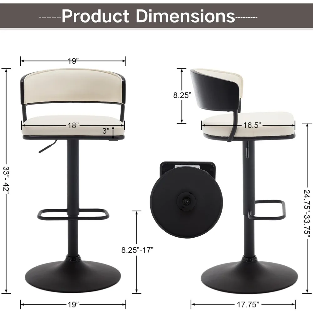 Swivel Bar Stools Set para Kitchen Island, Faux Leather Barstools, altura do contador ajustável, cadeira estofada, 2 PCs