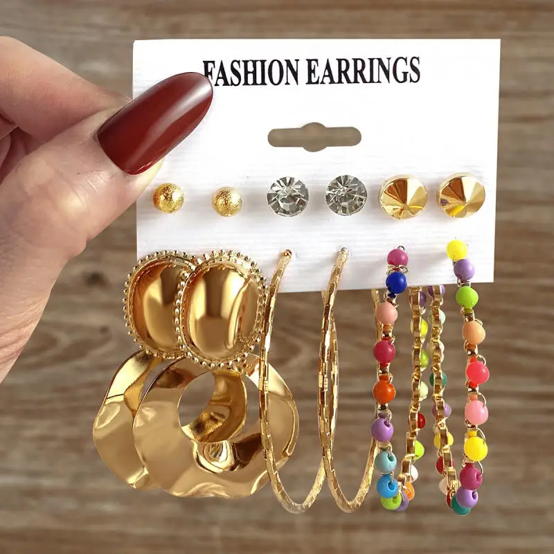 

6-piece set of women's earrings, metal rainbow rice bead earrings, geometric circular pearl earrings, retro earrings set, women'