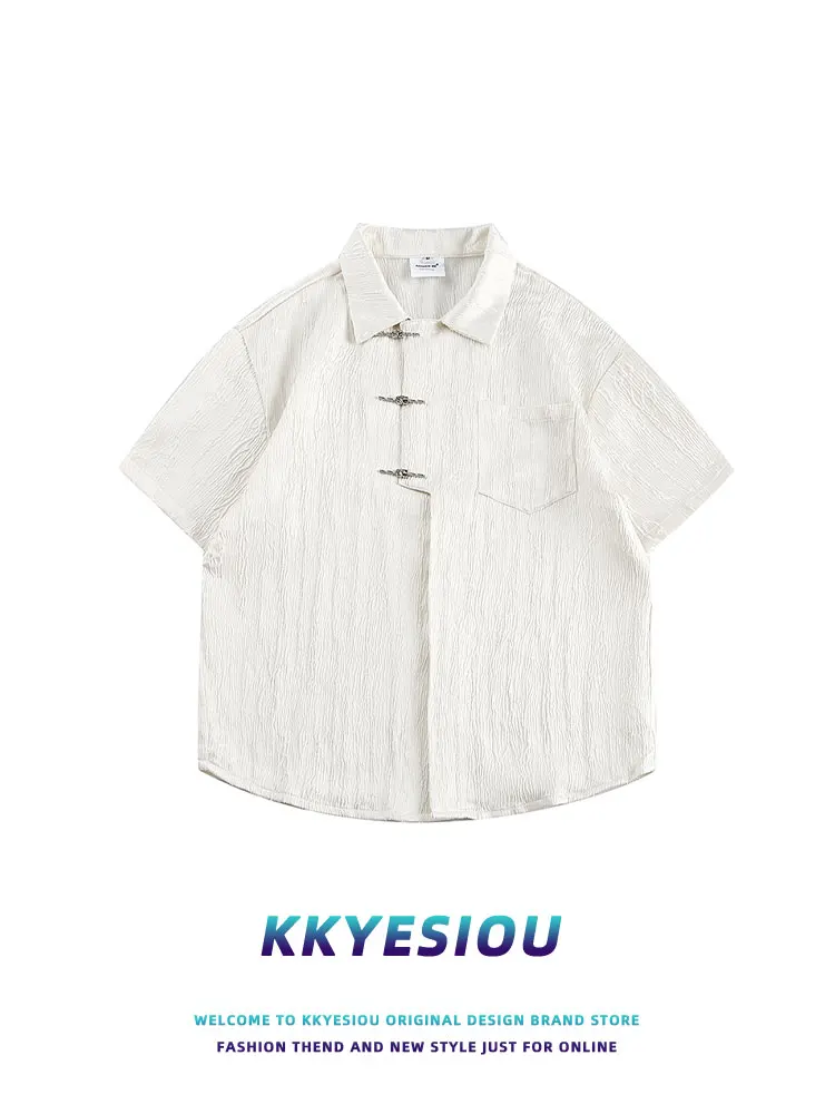 

KKyesiou Chinese Sle ort Sve irt Men's Advanced Sense Floral Embroidery Couple's Top Asymmetrical Design Cotton Poly...