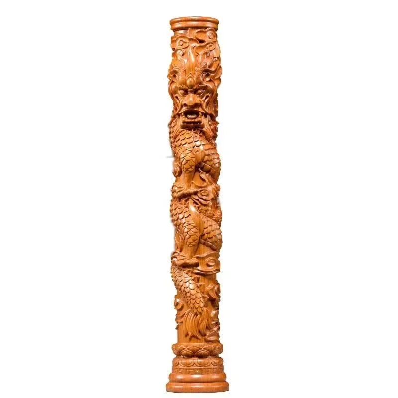 

Peach wood carving Panlong column cylindrical ornament home living room solid wood lucky feng shui town house opening gif