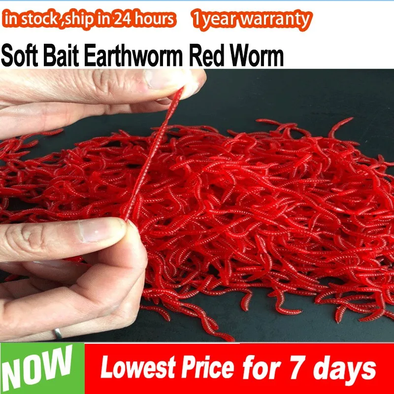 100pcs Soft Fishing Lure Bait Lifelike Red Worm Earthworm Ice Winter Artificial Silicone Bait Fishy Shrimp Additive Bass Carp