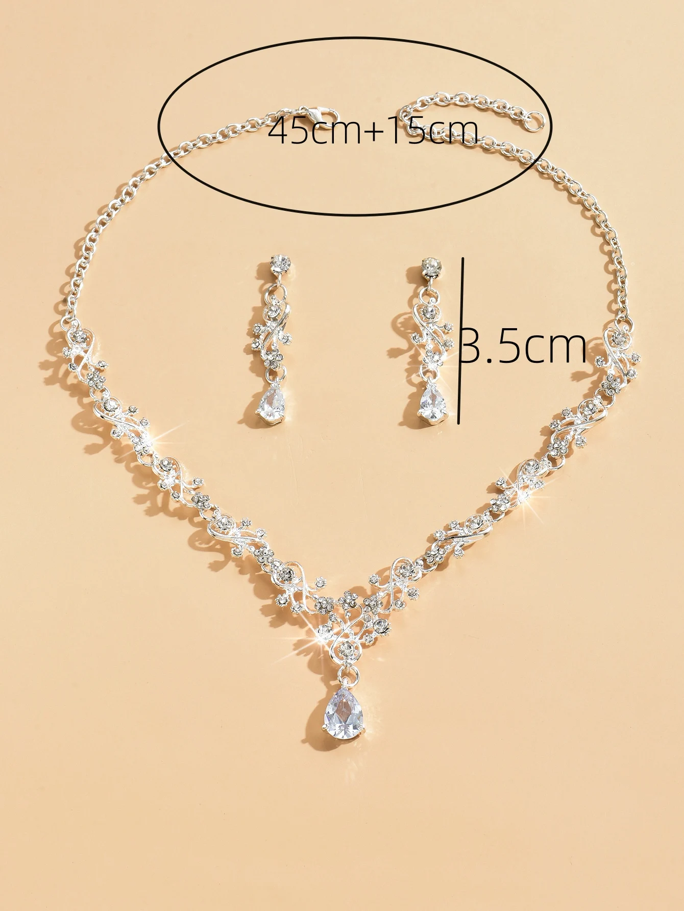 3pcs women\'s fashionable jewelry set with rhinestones, zircon, water droplets, necklace, earrings, wedding dress accessories