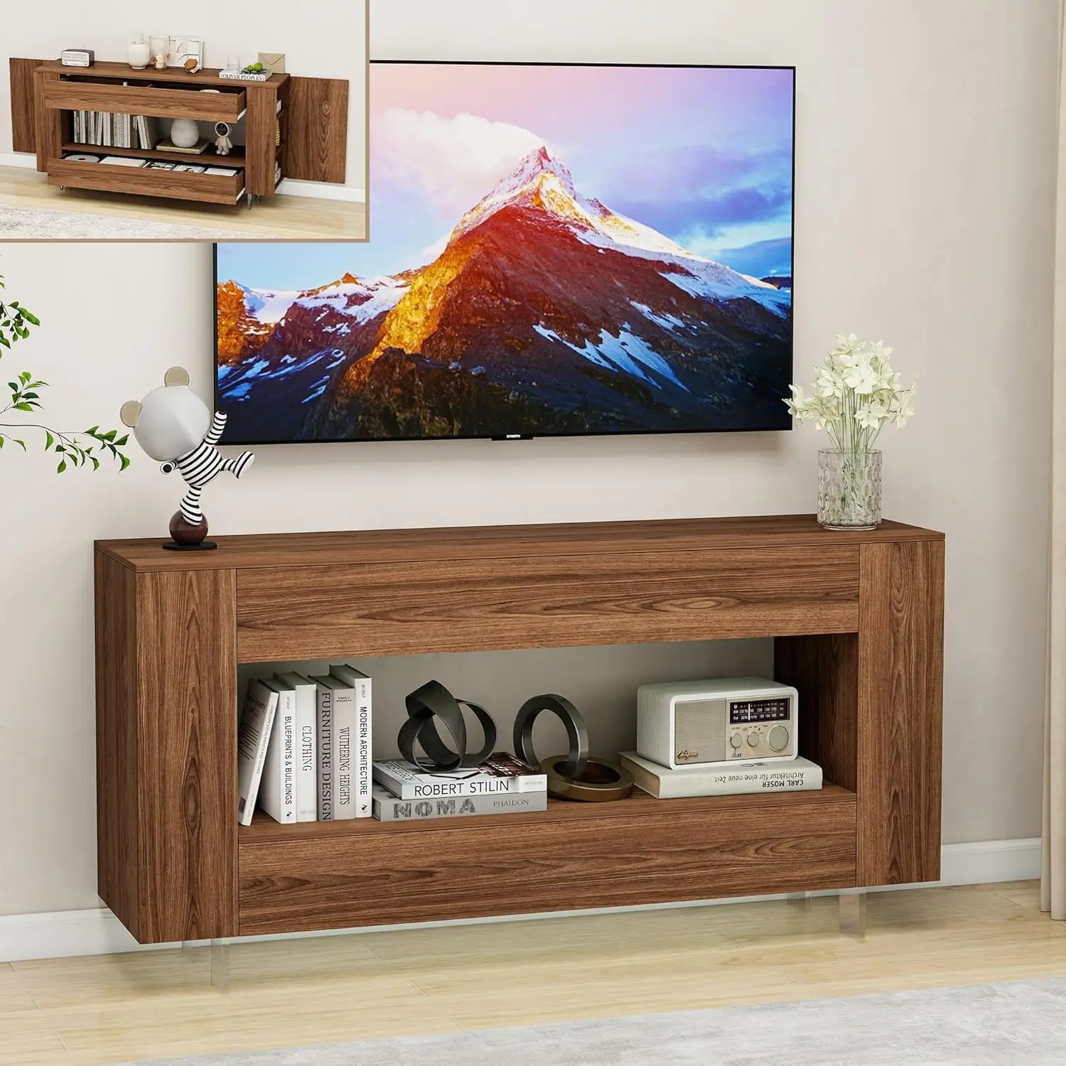 Modern Brown TV Stand with 2 Drawers and Hidden Storage for 65-Inch TV, Farmhouse Style Living Room Console