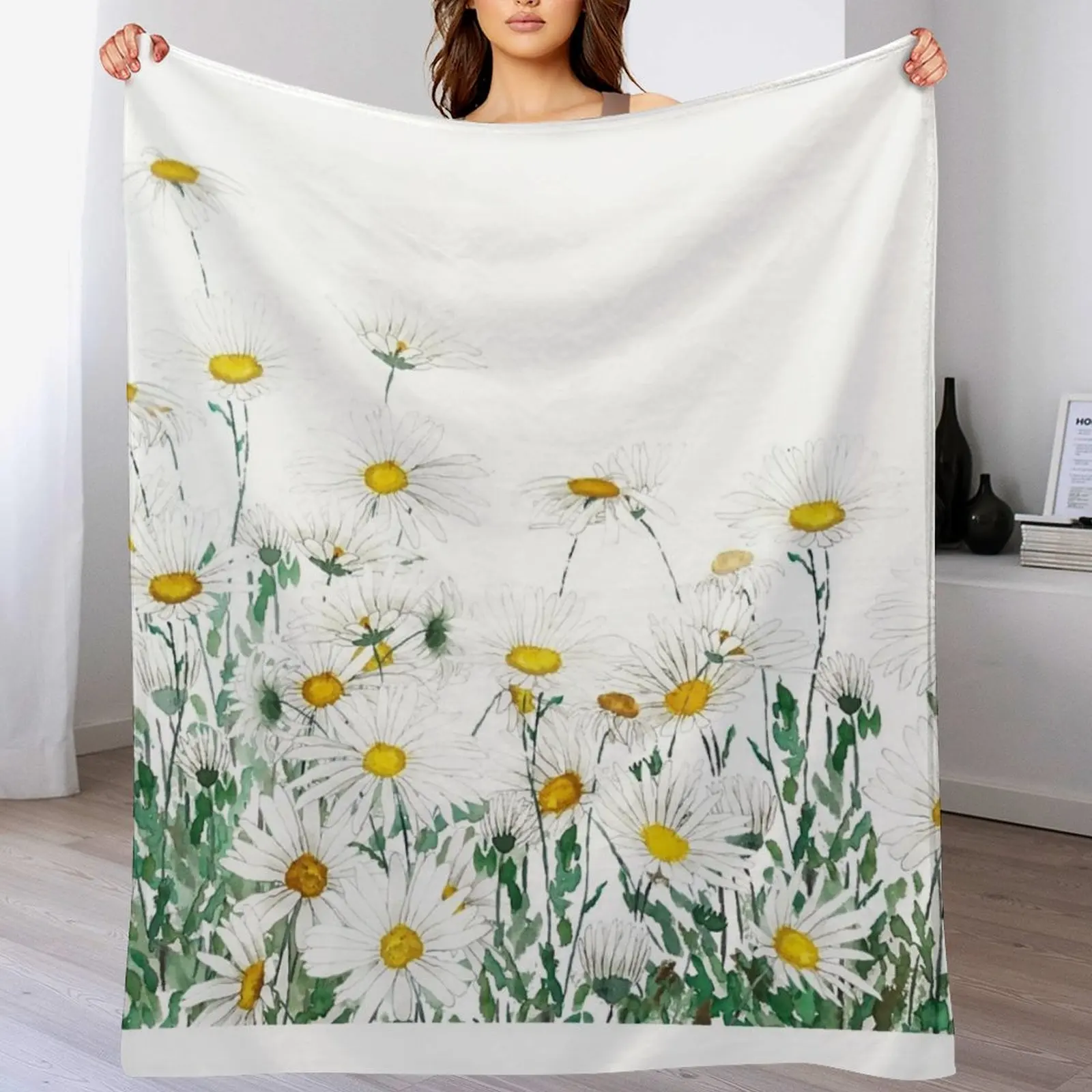 

hand painted white margaret daisy horizontal watercolor painting Throw Blanket Flannels decorative Polar Blankets