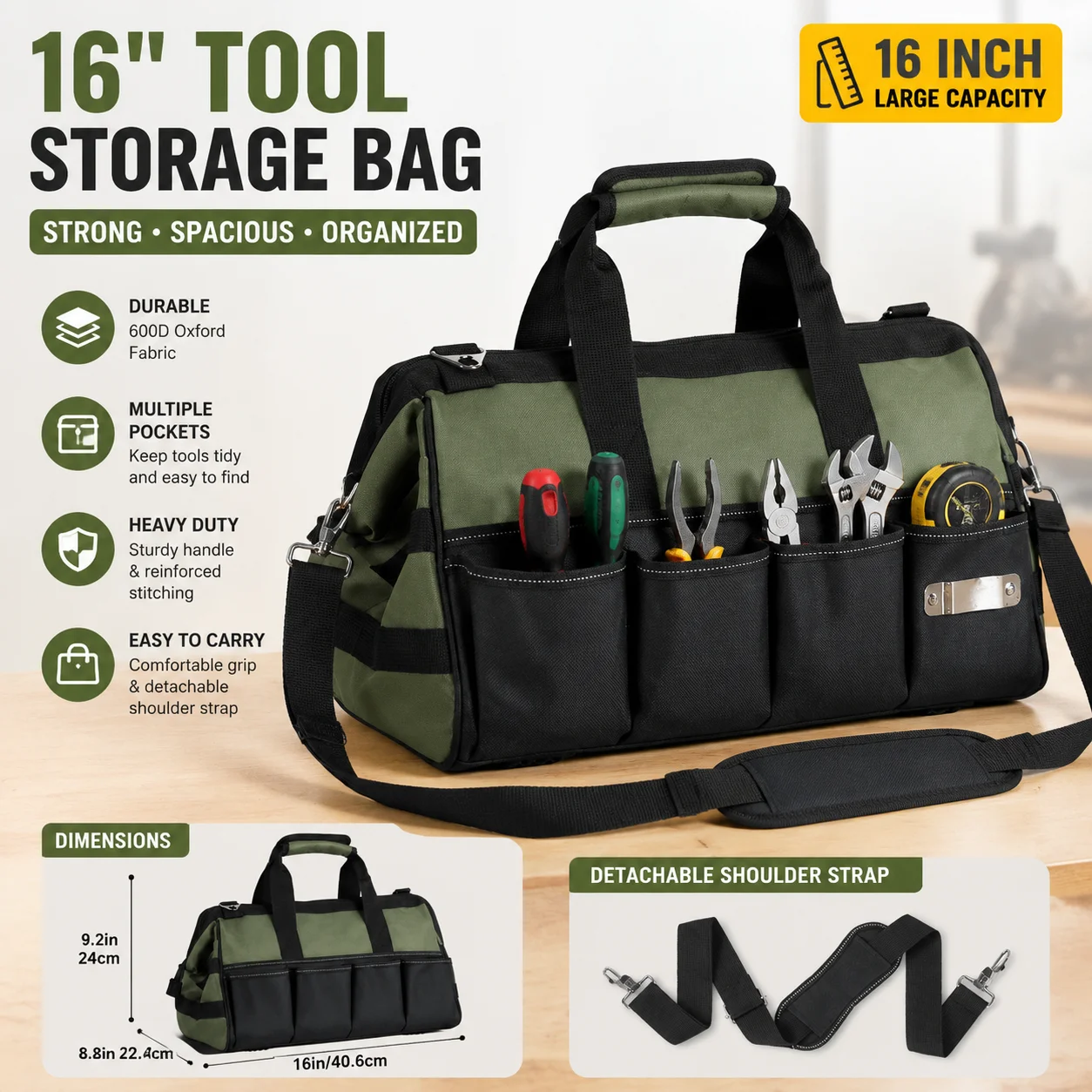16/18Inch Oversized Oxford Tool Bag, Portable Double‑Layer Hardware Tool Carry Pouch for Garage