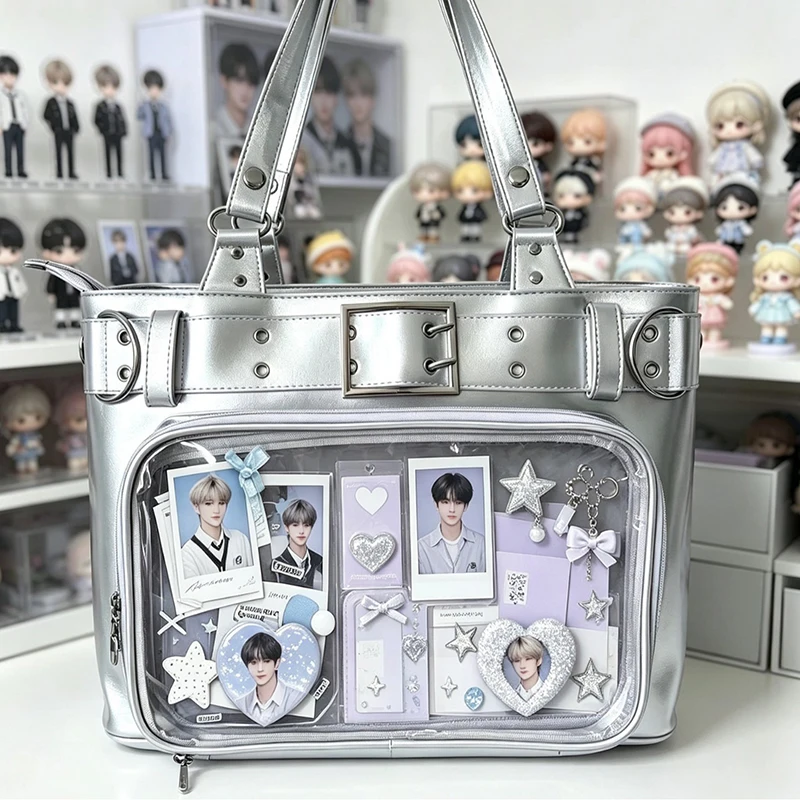 Fashion Rivet Decor Ita Bag Punk Belt Design Clear Window Tote Bag Hidden Layer Handbag Adjustable Wide Strap Shoulder Bag