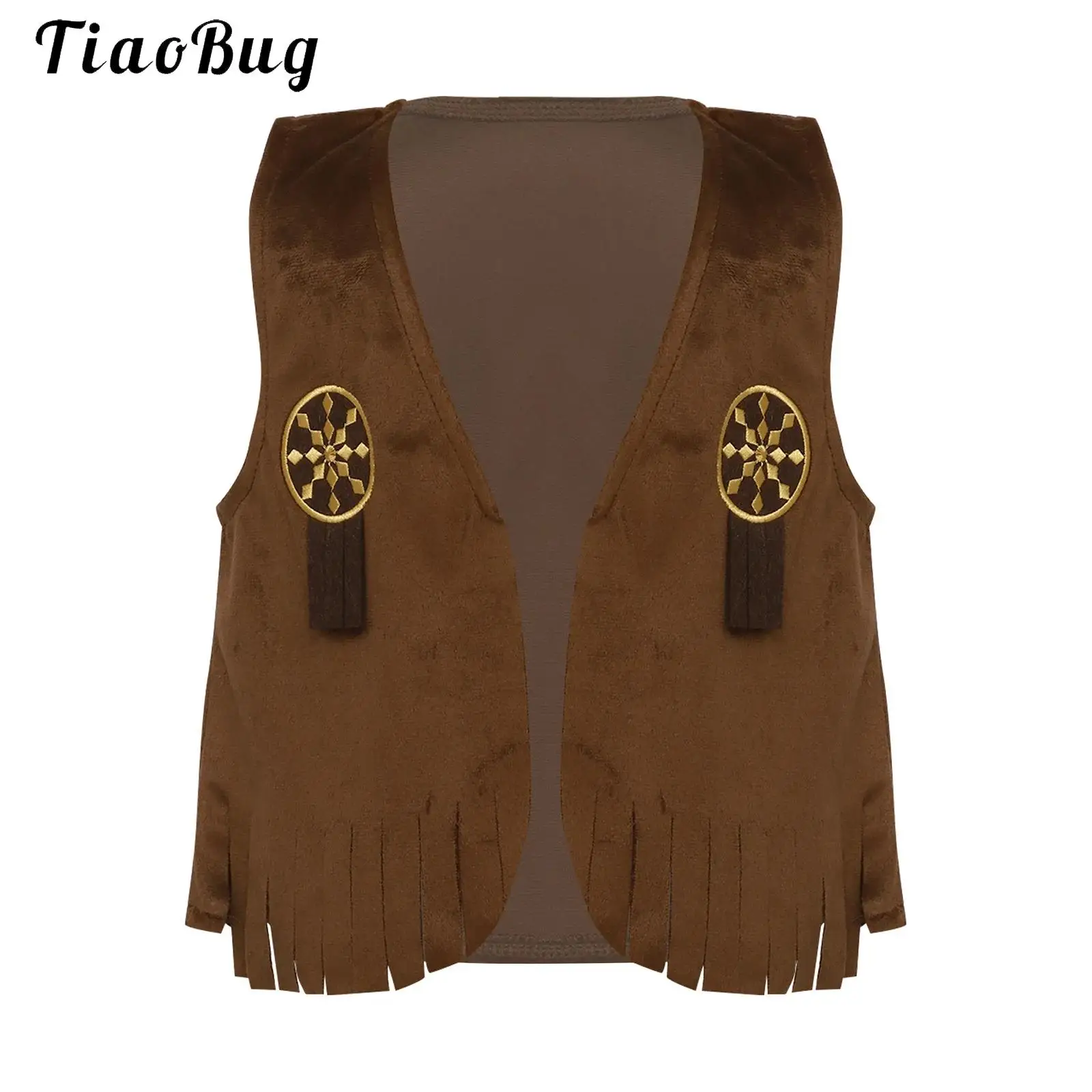 Kids Suede Western Cowboy Vest Halloween Cowgirl Cosplay Performance Costume Sleeveless Embroidery Fringed Open Front Waistcoat