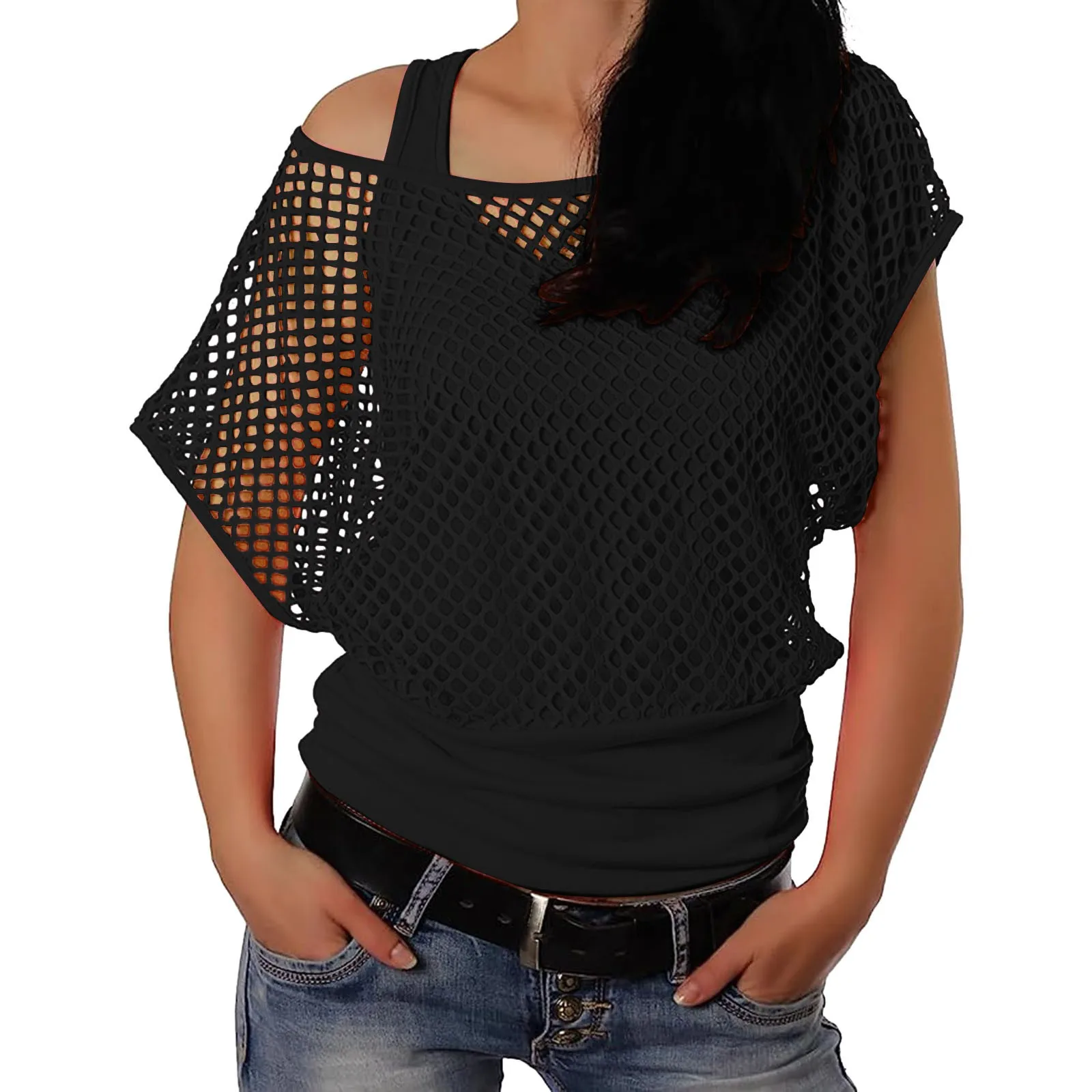 Womens 80s T Shirts Vintage Neon Fishnet Mesh Top Off Shoulder Tops For Women Party Ball Short Sleeve Two Piece T Shirt Hot Pink