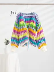 Jastie Rainbow Long Sleeve Tassel Loose Sweater For Women 2024 Autumn Winter Boho Knitted Cardigan Coat Female Jumper Tops