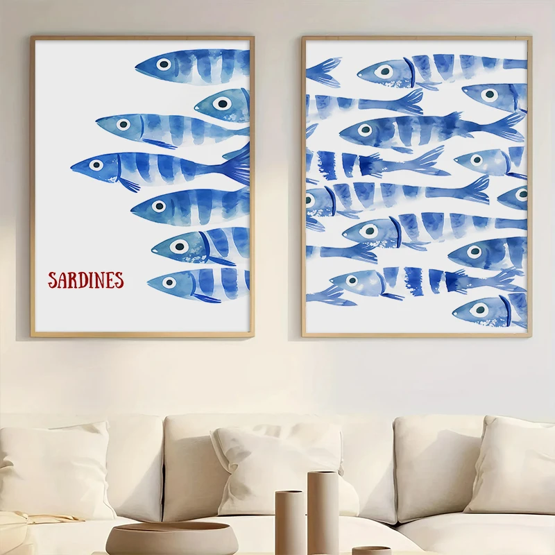 

Retro Blue Sardine Canvas Poster Mediterranean Style Sardine Animal Wall Art Prints for Modern Living Room Home Bedroom Decor