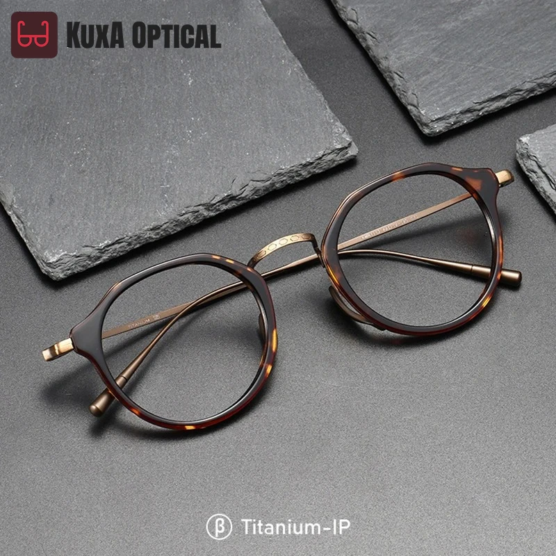 

KUXA Fashion Men Women Titanium Eyeglass Tortoise Acetate Retro Glasses Frame Optics Myopia Hyperopia Prescription Lenses