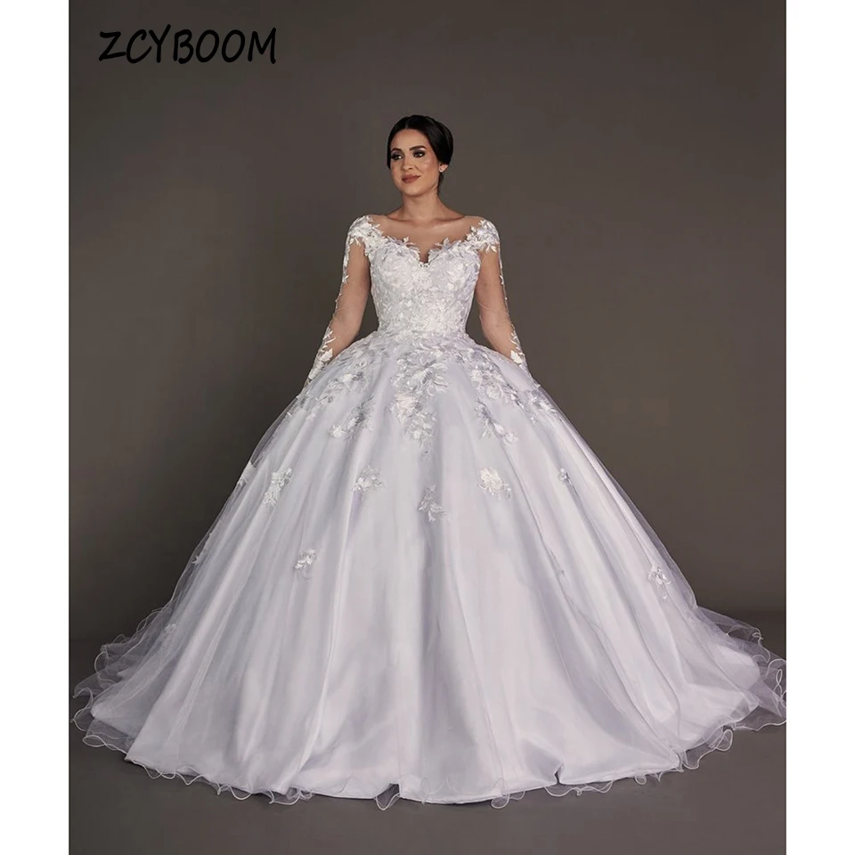 

Elegant White O-Neck Appliques Full Sleeves Wedding Dress 2023 Ball Gown Floor Length Sweep Train Tulle Zipper Bridal Gown