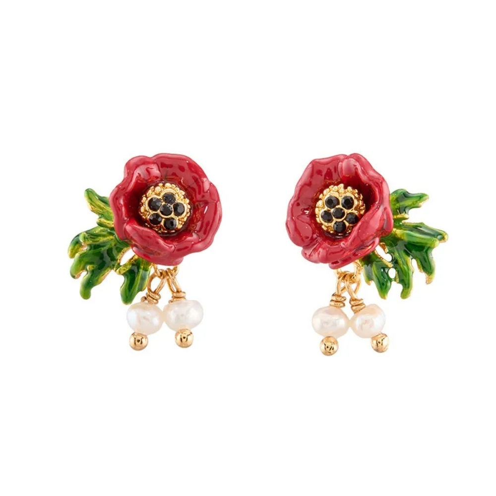 

New Boho French Elegant Hand-painted Enamel Red Rose Flower Earrings, Forest Style Literary, Small Exquisite Versatile Jewelry