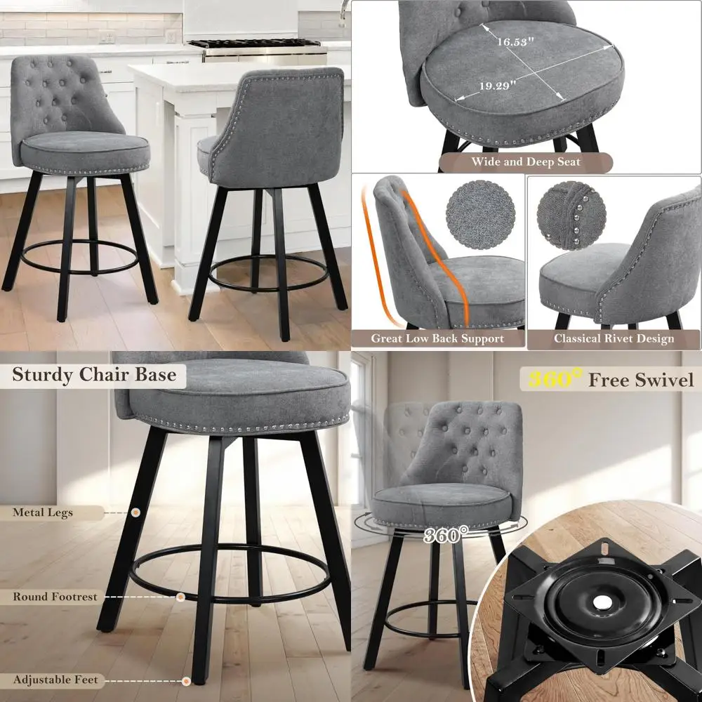 Counter Height Bar Stools Set of 2, 26” Upholstered Island Chairs Stool with Mid Back, 360°Swivel Mid Century Modern Linen Fabri