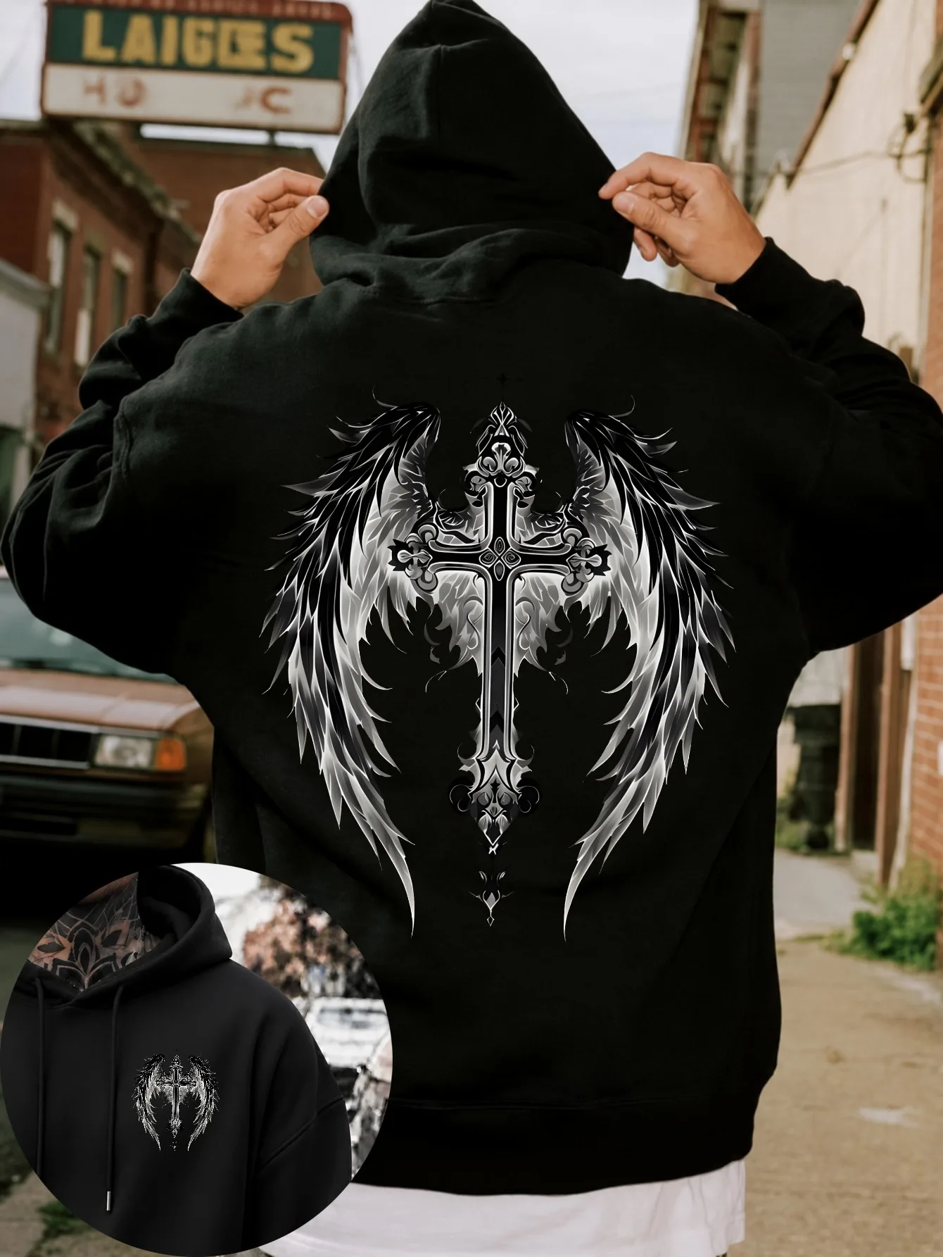 Men's Gothic Winged Cross Print Pullover Hoodie Streetwear Casual Drawstring Hood Ribbed Cuffs