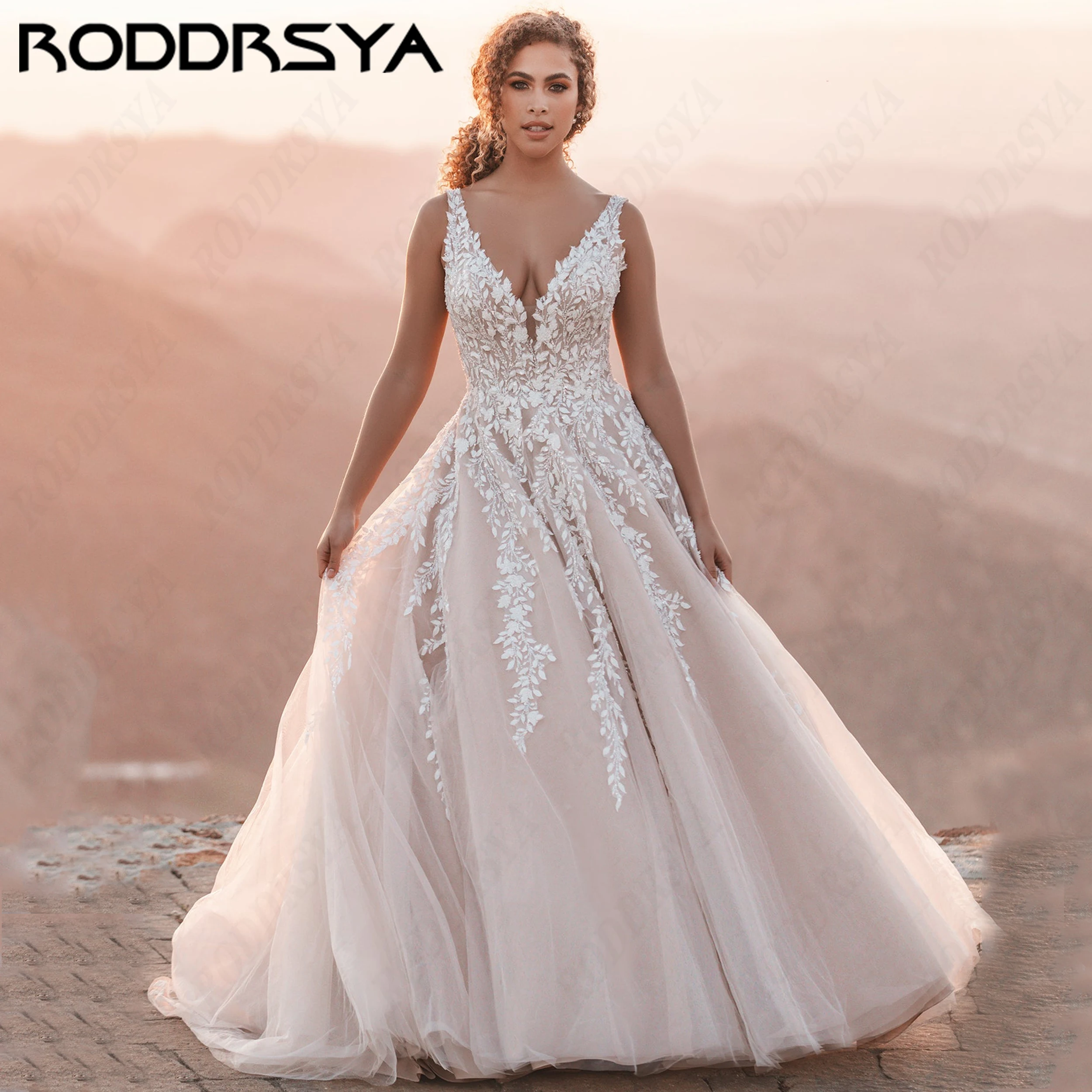 RODDRSYA Exquuisite V-Neck A-Line Wedding Dresses Lace Appliques Tulle Bride Gown Spaghetti Straps Customized Bridal Dress