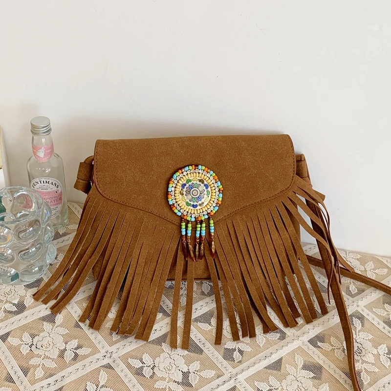 

Богемная сумка в этническом стиле, женская винтажная кожаная сумка через плечо из нубука, коричневая кофейная женская сумка, модная сумка на плечо с кисточками