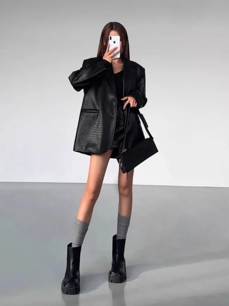 New Spring Women Fashion Black Faux Leather Crocodile Print Blazers Lapel Chic Loose High Street Suit Jackets Casual Outerwear