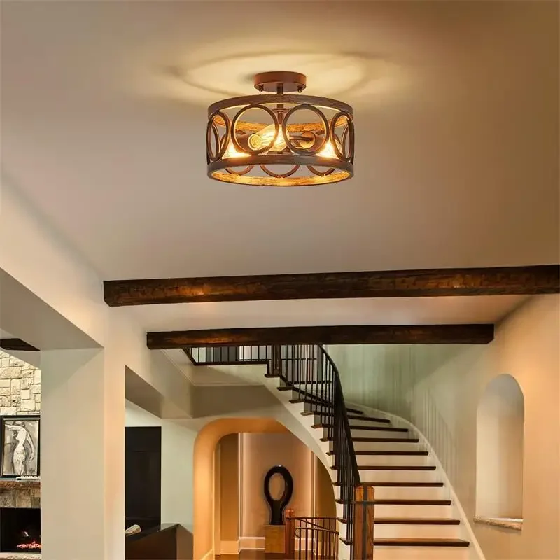 Industrial American Circular Chandelier Farmhouse Retro Iron Art Wood Grain for Restaurant Home Bedroom Ceiling Light Home Decor