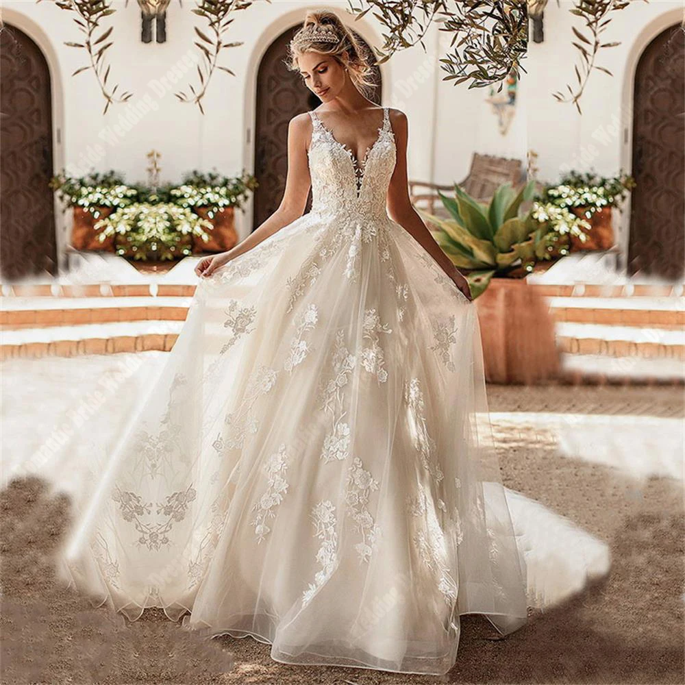 

Elegant Deep-V Neck Wedding Dresses For Women Newest Listing Fluffy Sheer Tulle Robes Popular A-Line Princess Vestidos De Noivas