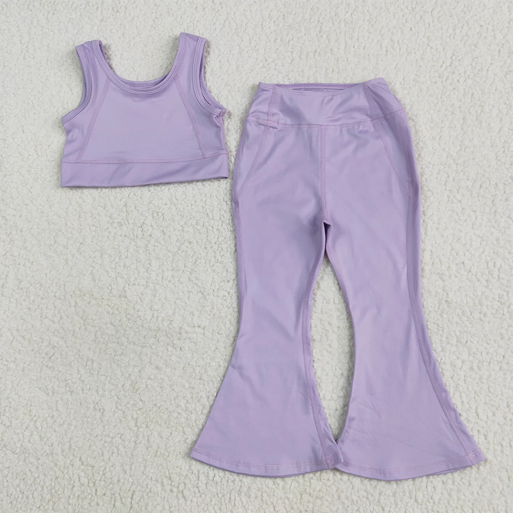 

Baby Girls Lavender Yoga Vest And Bell Bottom Pants Set Active Wear Crop Top Floral Pants Kids Girls Yoga Outfit
