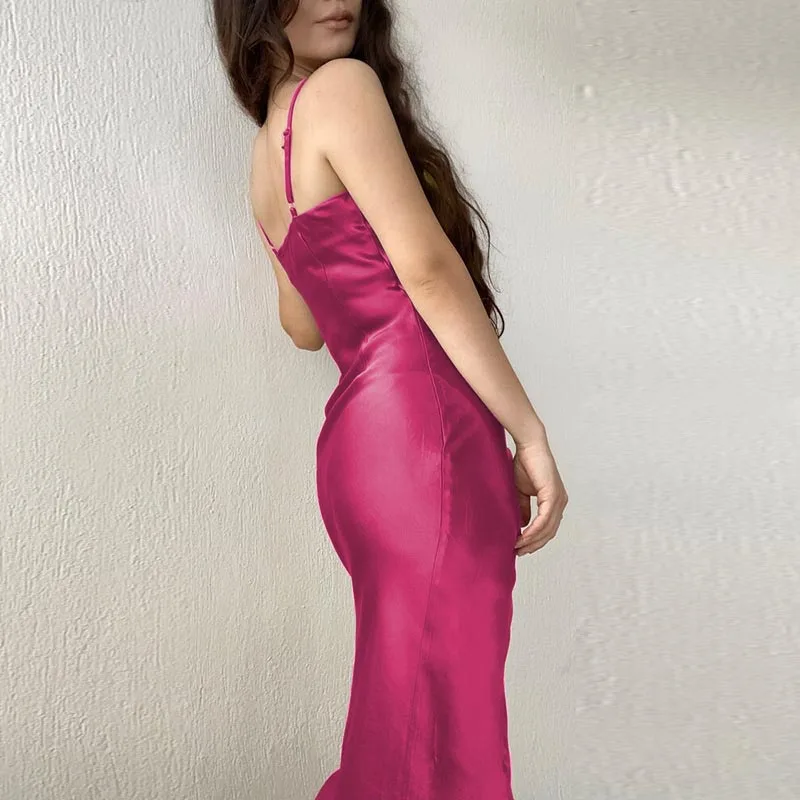 Blue Satin Midi Long Dress Lace Up Bandage Bodycon Sexy Slit Party Elegant Maxi Dresses for Women Summer Clothes Backless Outfit