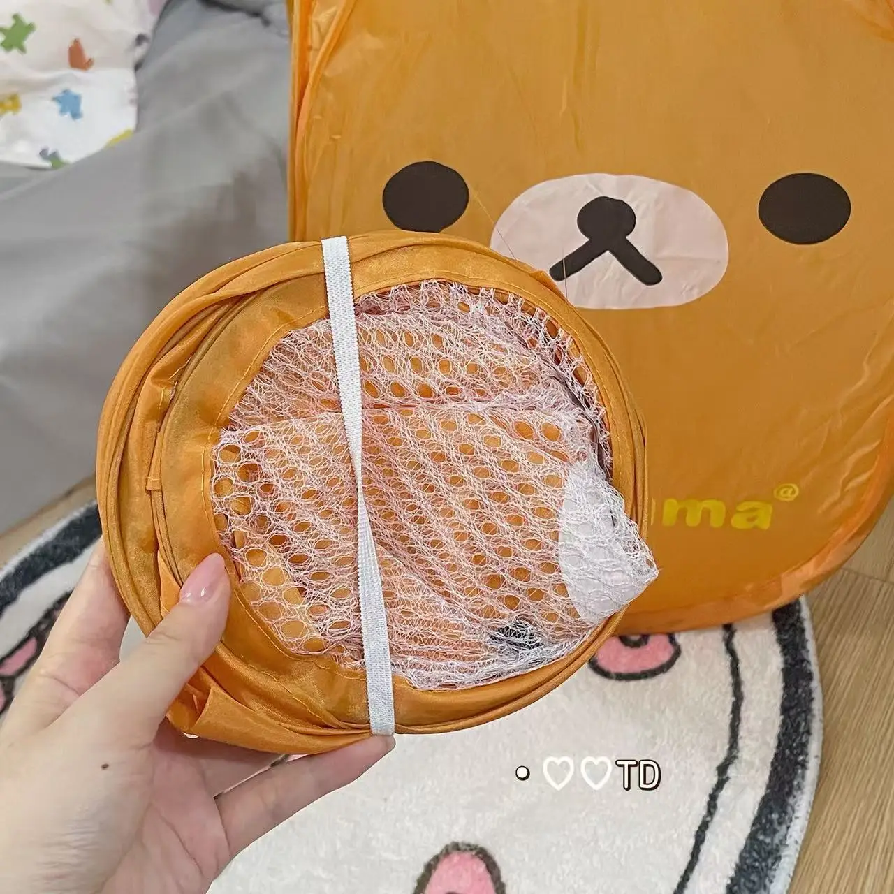 Cute Rilakkuma Laundry Hamper Foldable Mesh Portable Large Capacity Cartoon Pop Up Storage Basket For Home Dormitory Daily Use image 5