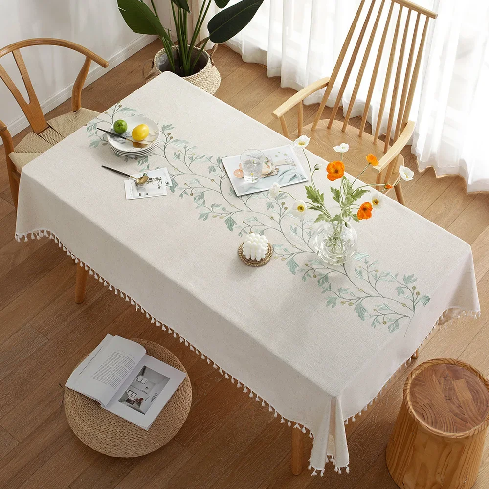 

Cotton Linen Rectangular Simple Tablecloth Nordic Embroidery Table Cloth Tea Tassels Table Cover Art Dinner Coffee Table Decor