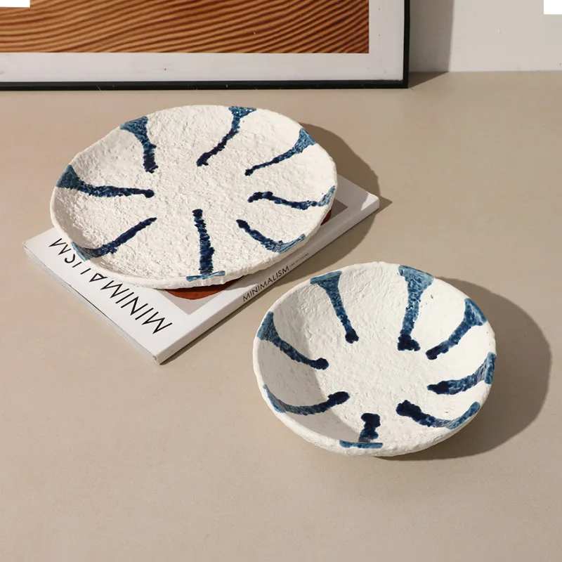 

New Chinese style wabi-sabi abstract blue glaze flowing pattern ceramic fruit plate exhibition hall clubhouse coffee table