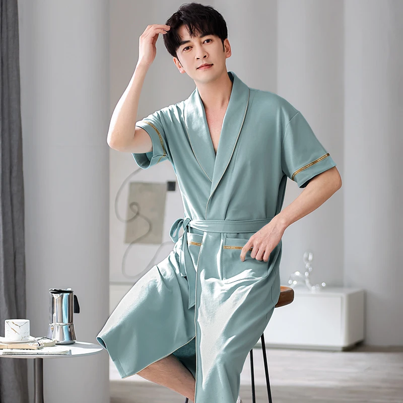 Men\'s Cotton Kimono Long Robes 4XL Short Sleeve Sleepwear Bathrobe Big Yards Nightgown Summer Lapel Home Clothes For Male