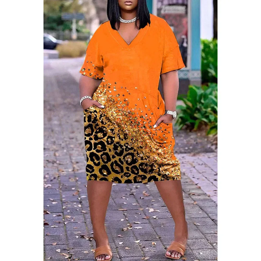 Plus Size White Orange Casual Knee-length V Neck Short Sleeve Leopard Print Midi Dress with Pockets