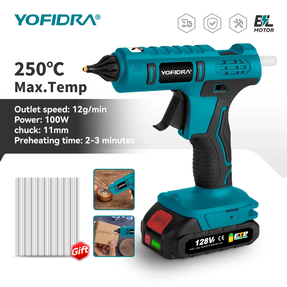 

YOFIDRA 100W 260° Hot Glue Gun Electric Mini Glue Guns Repair Power Tool With 10pcs 11MM Glue Sticks for Makita 18V Battery